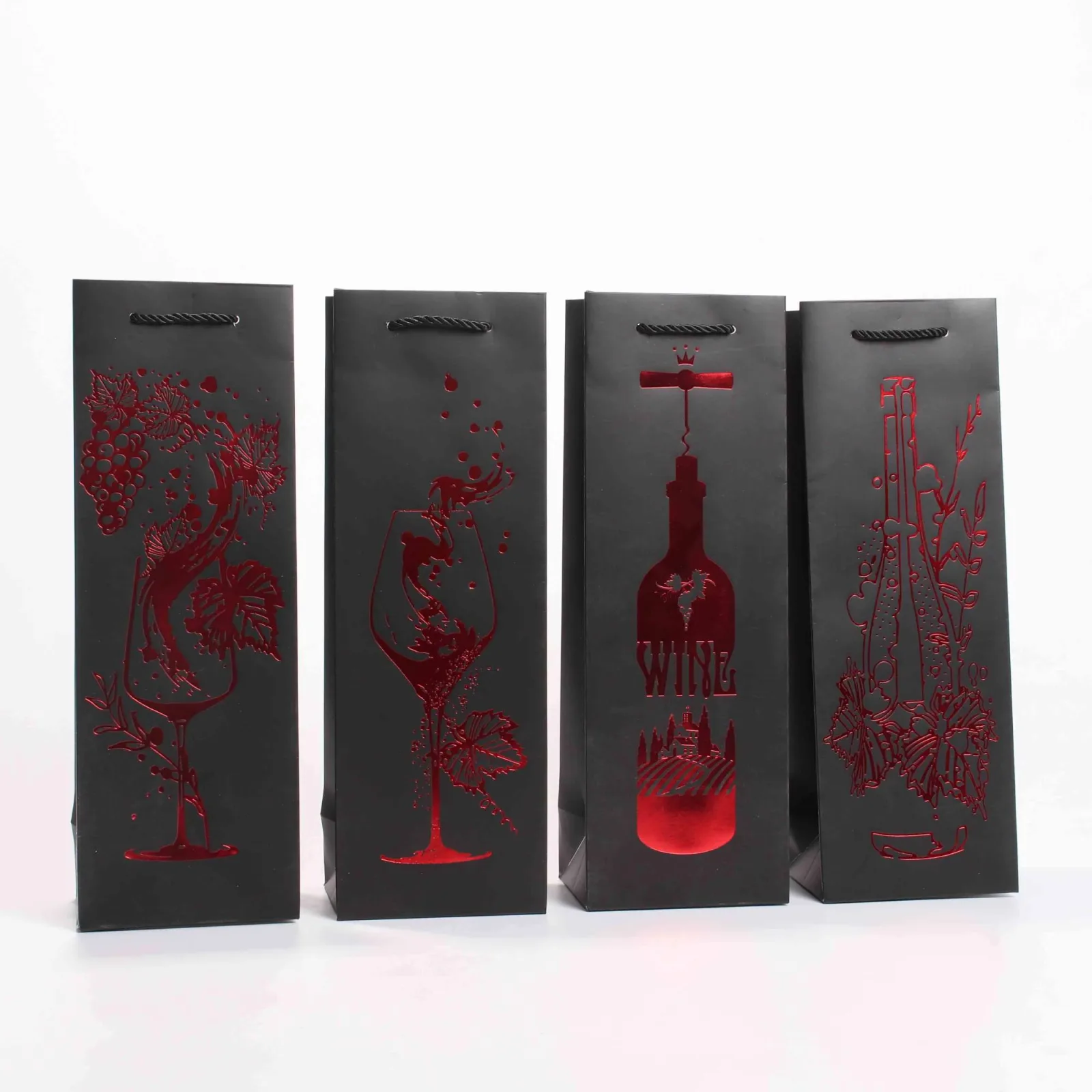 Black Cardstock Wine Bag with Foil Stamping and Rope Handles