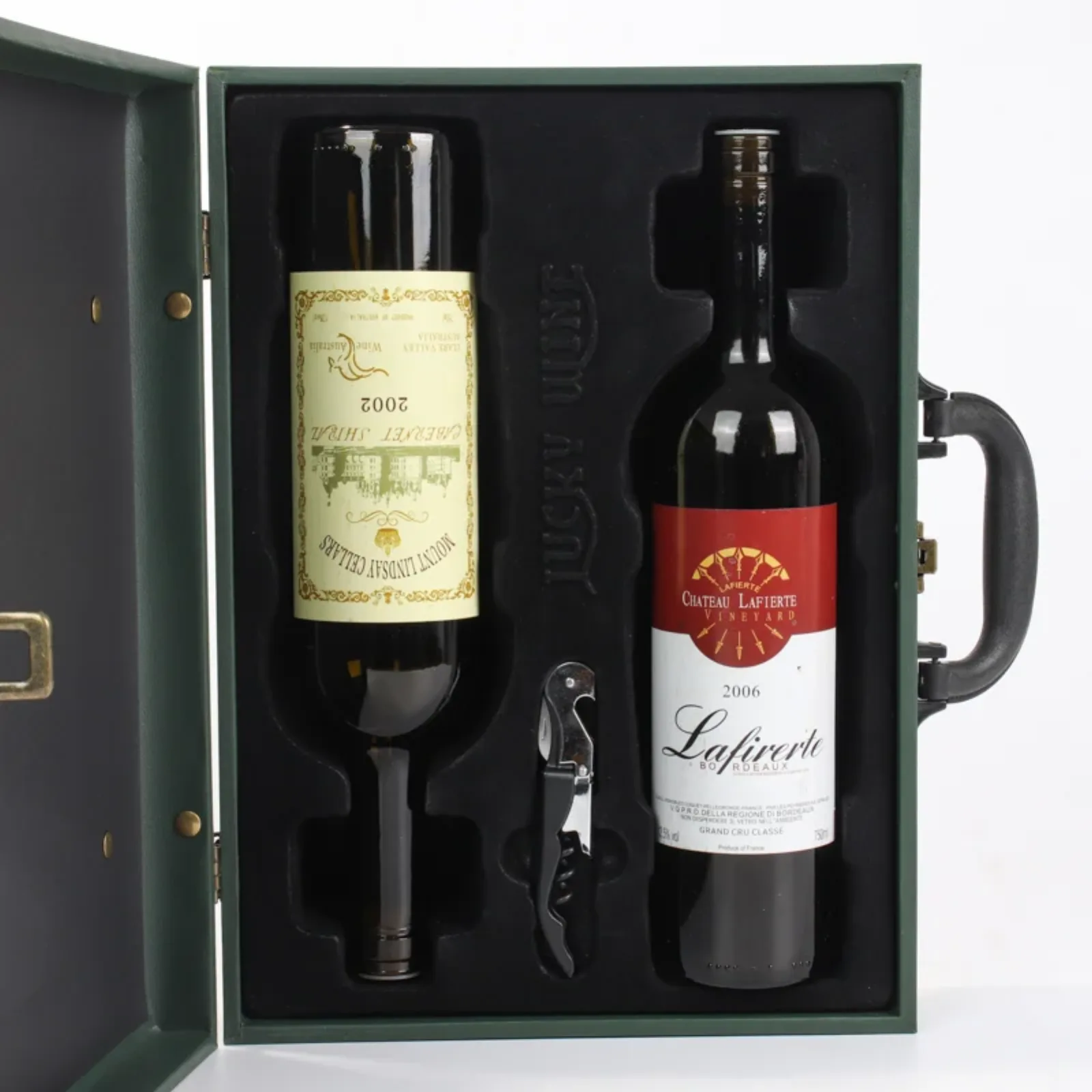 Luxury Vintage Leather Handled Double Bottle Flip Top Wine Gift Box 3