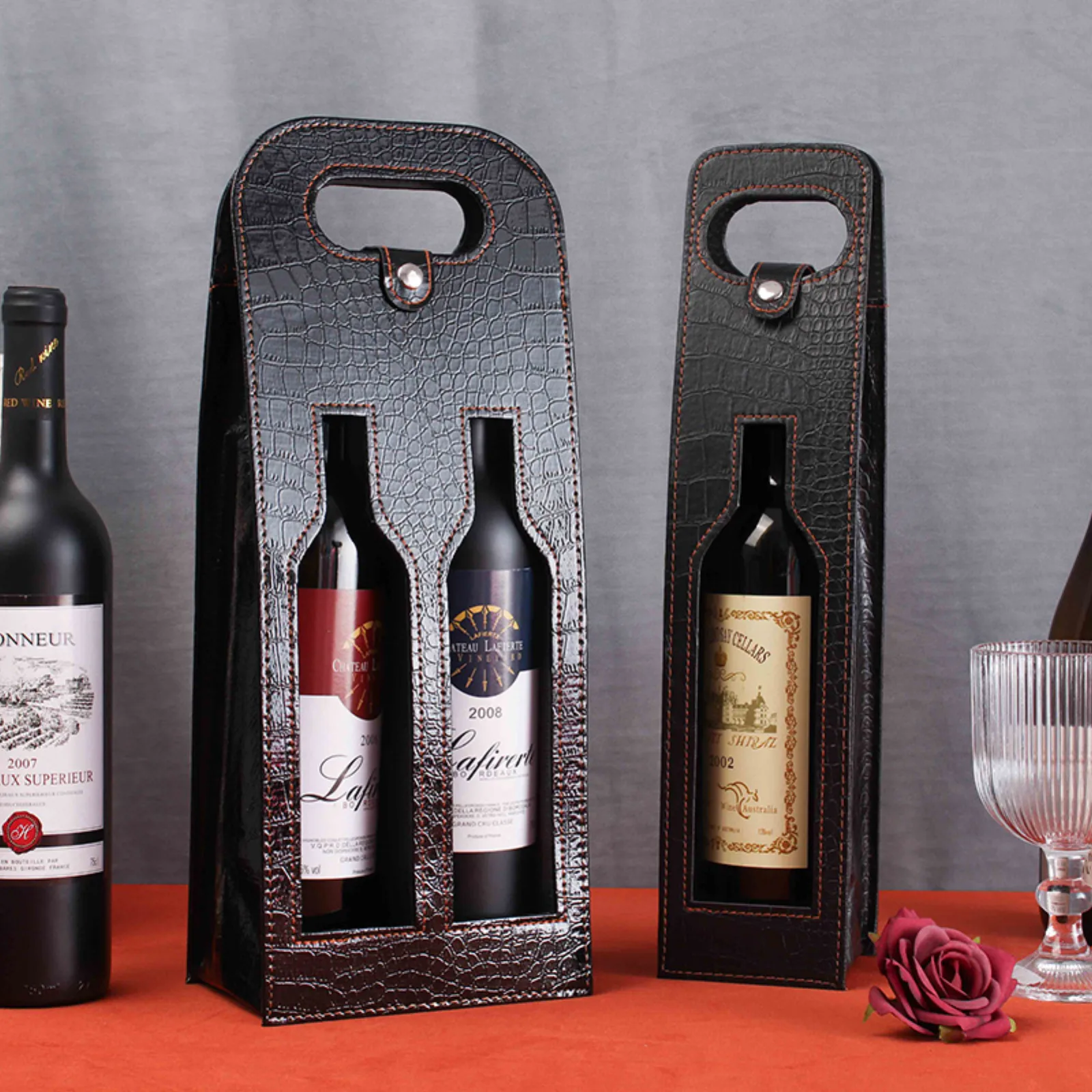 Luxury Leather Wine Bags for Single and Double Bottles 4