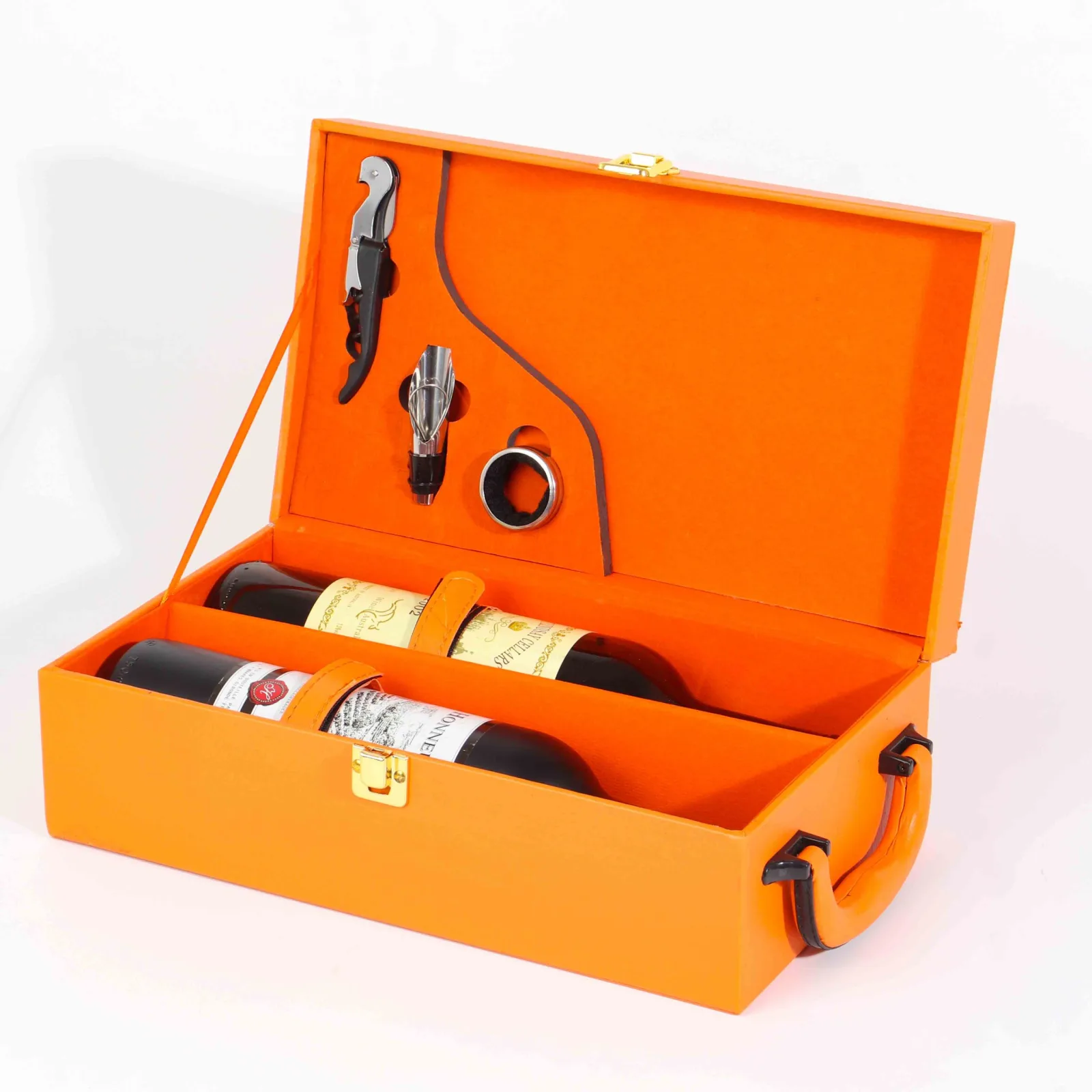 Orange Leather Double Wine Bottle Gift Box with Tools 2