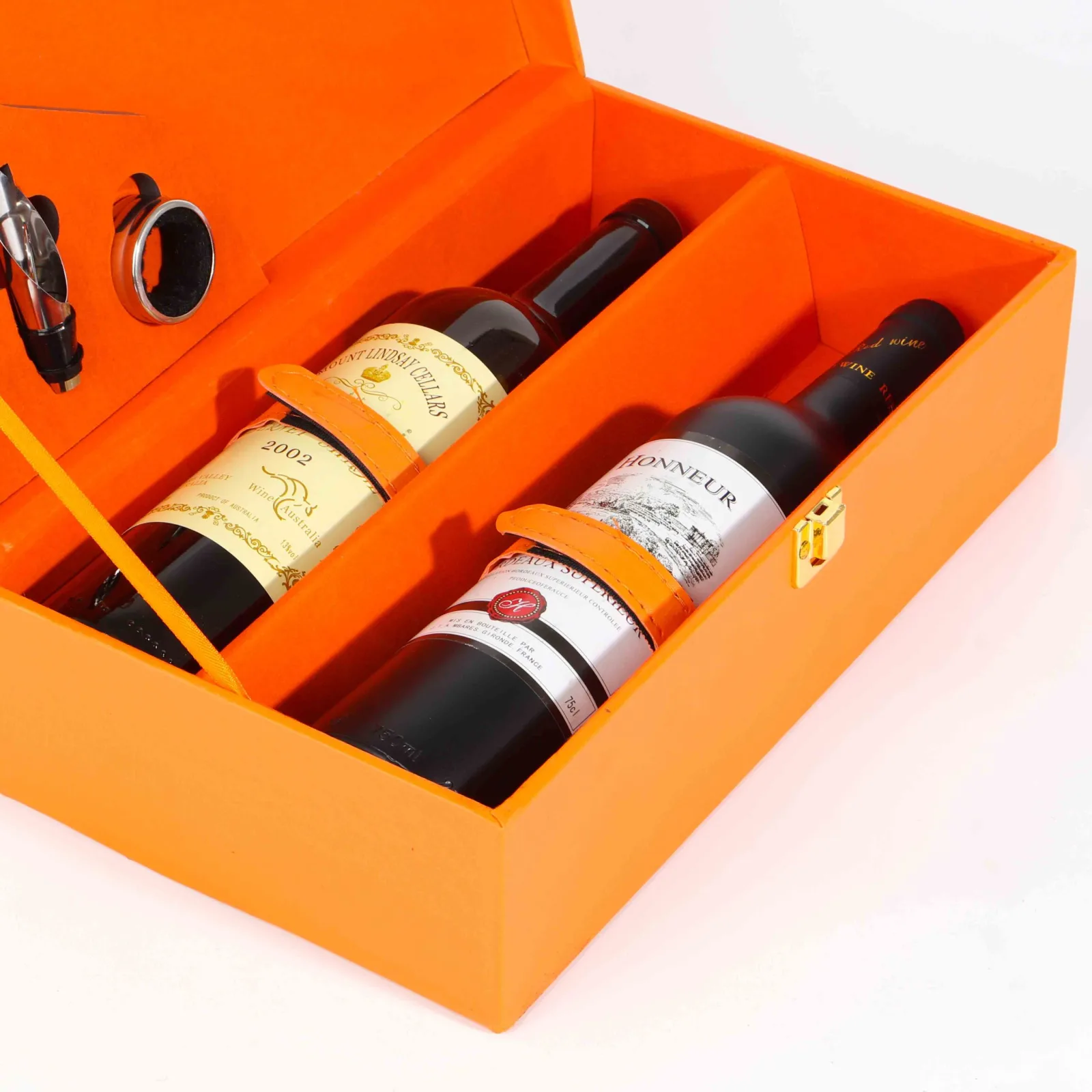Orange Leather Double Wine Bottle Gift Box with Tools 3