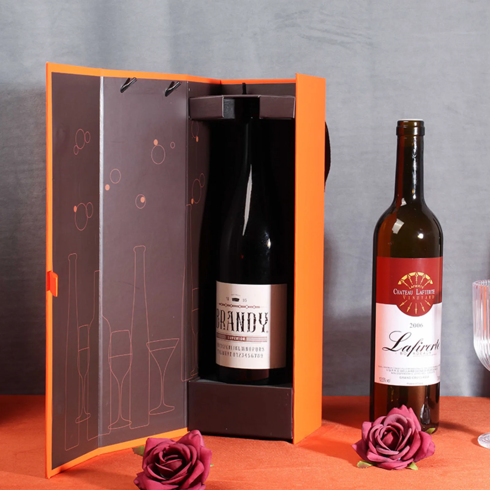 Single Bottle Foldable Cardboard Wine Box with Ribbon Handle