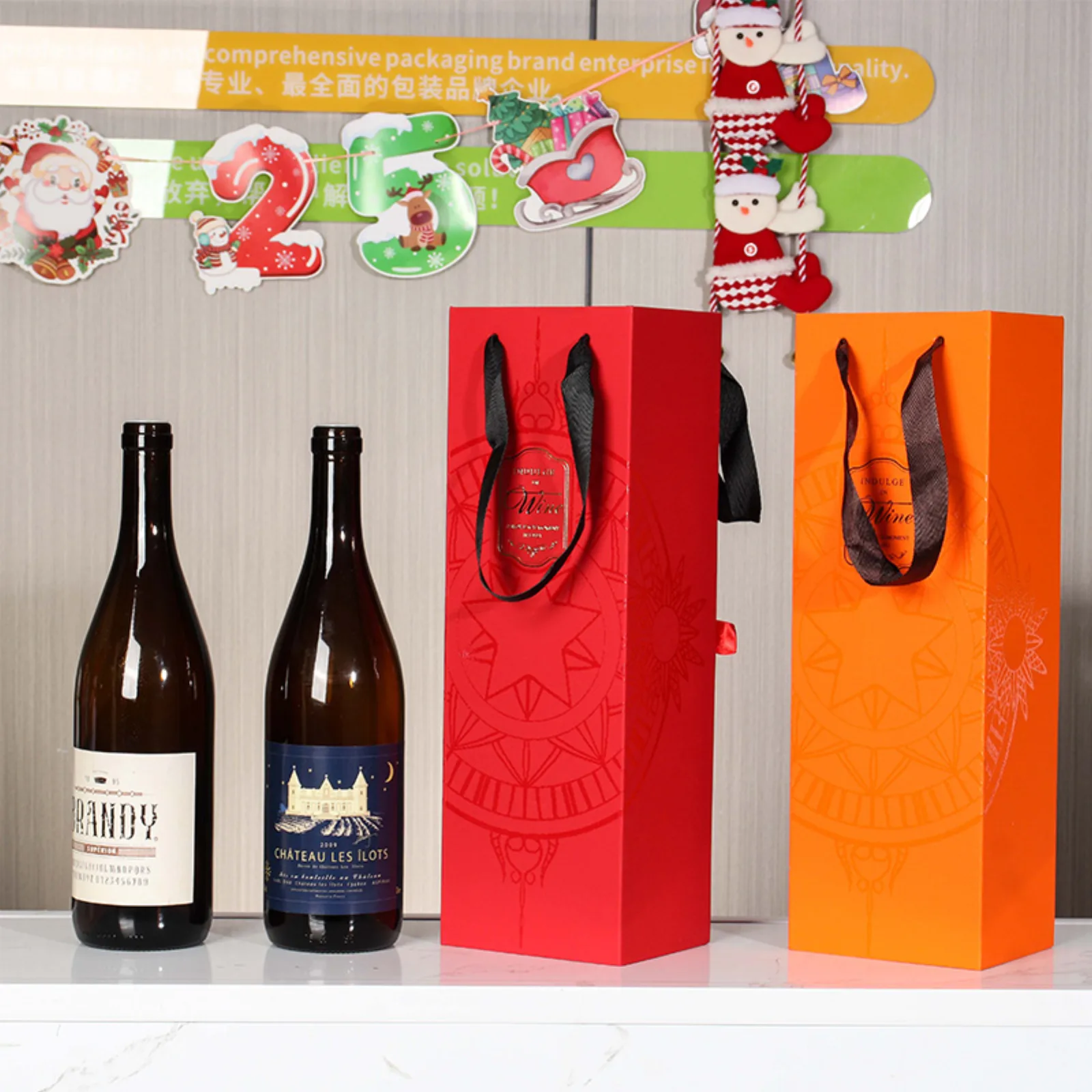 Single Bottle Foldable Cardboard Wine Box with Ribbon Handle 3