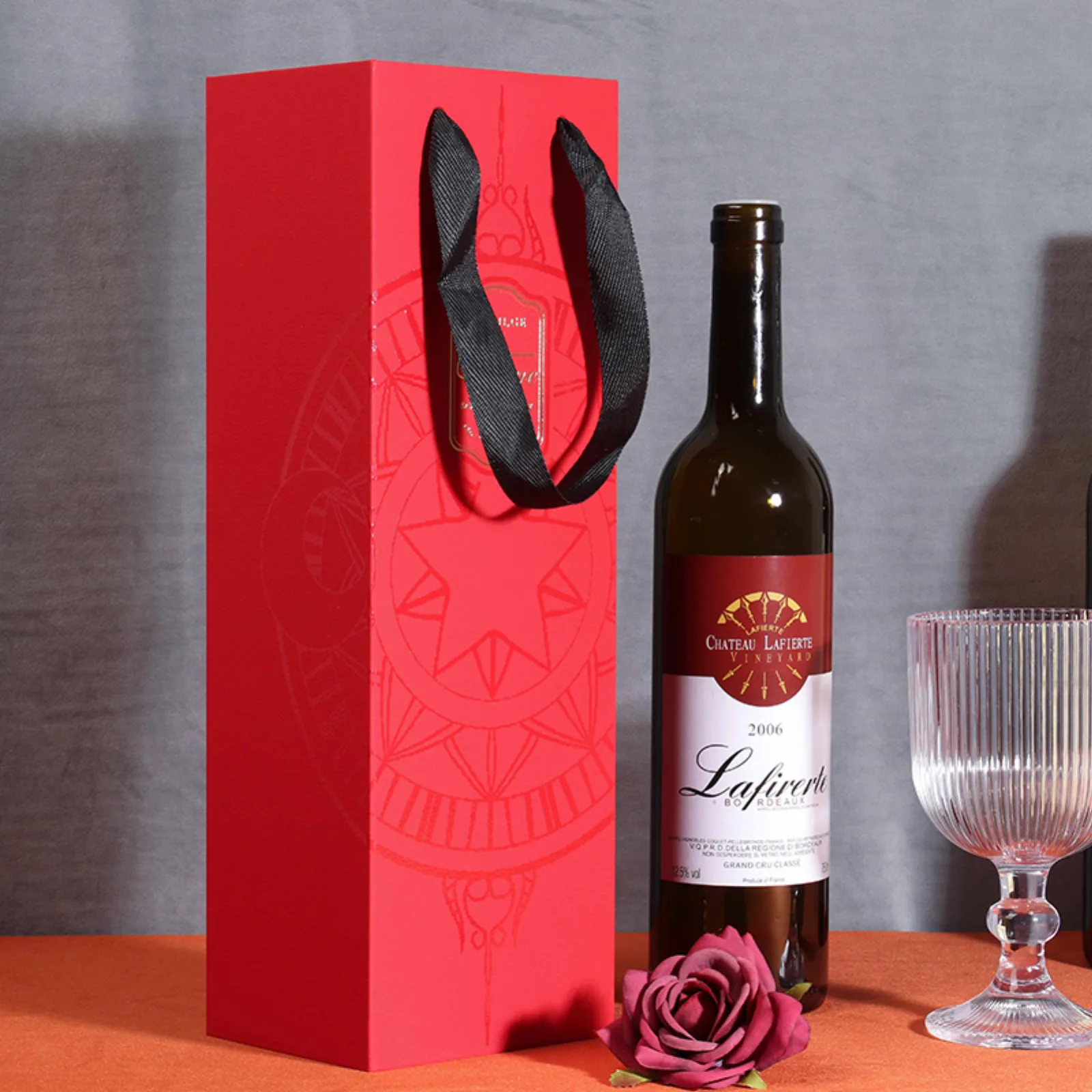 Single Bottle Foldable Cardboard Wine Box with Ribbon Handle 4