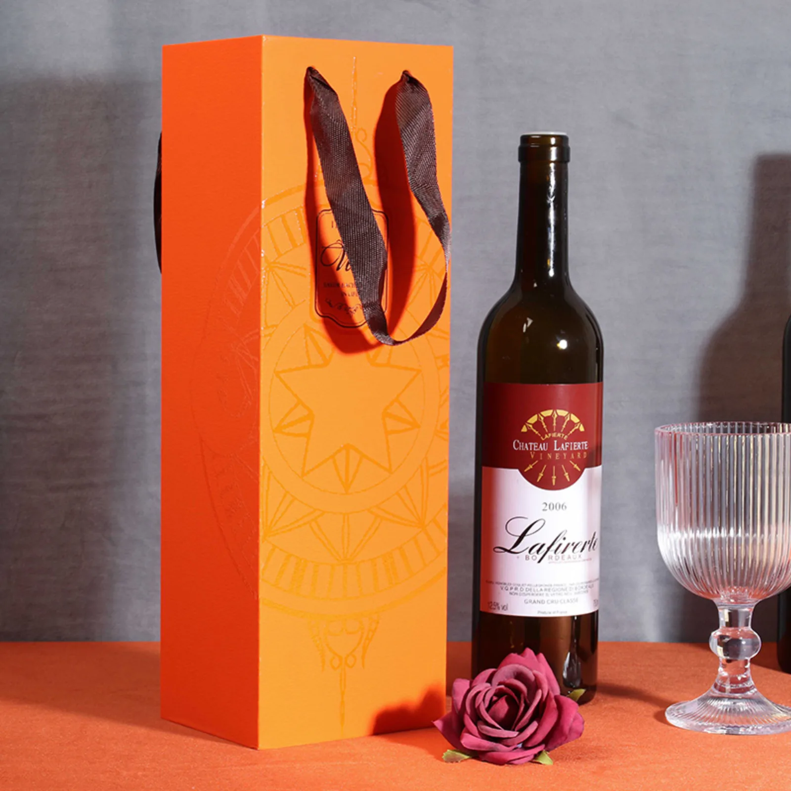 Single Bottle Foldable Cardboard Wine Box with Ribbon Handle 5